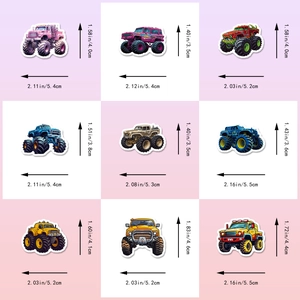 Size chart for monster truck stickers featuring precise height and width measurements