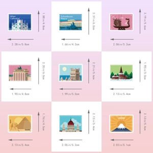 Macro detail of travel stickers featuring world landmarks like Milan Cathedral and Pyramids