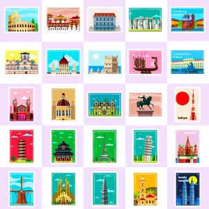 Flat vector art stickers featuring 25 world landmarks like Eiffel Tower and Colosseum