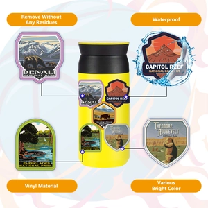 Waterproof vinyl USA national park stickers showing Denali and Yellowstone on a yellow bottle