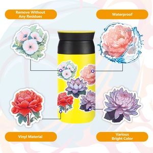 50 mixed floral vinyl stickers on a yellow water bottle with waterproof details