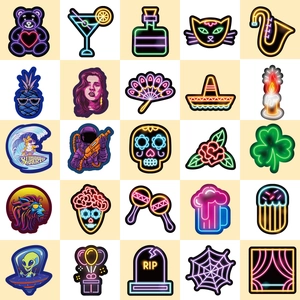 Set of 50 neon night style stickers featuring cartoon bears, cocktails and cool astronauts