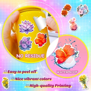 Waterproof floral stickers showing no residue feature and vibrant flower patterns on a cup