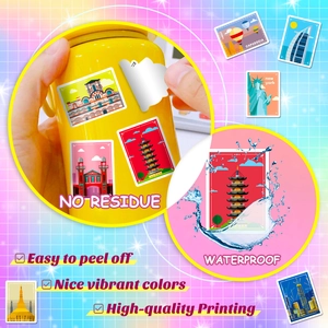 Waterproof travel landmark stickers featuring Liberty Statue and world monuments
