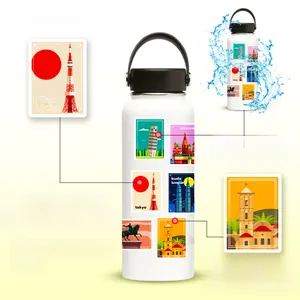 Waterproof vinyl city landmark stickers showing Tokyo Tower and Moscow on a water bottle