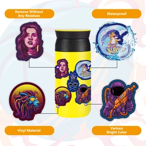 50pcs waterproof neon stickers on yellow tumbler featuring astronaut and animal designs