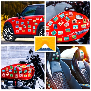 Travel stickers with world landmarks applied on car seats and motorcycle tanks