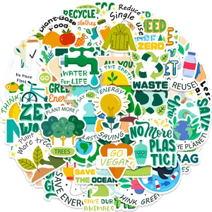 50 pieces of eco-friendly green graffiti stickers featuring recycling and nature motifs