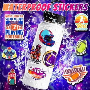 Action shot of waterproof rugby stickers on a water bottle with purple splash effects