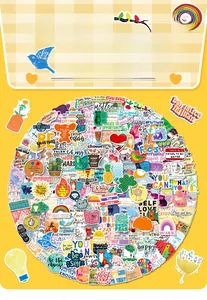 Close-up of vibrant waterproof stickers with inspirational quotes and botanical motifs