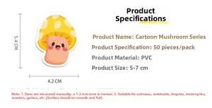 Fiche technique d'autocollant champignon en PVC avec dimensions et design cartoon