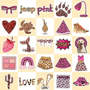 Set di 25 adesivi leopardati rosa con lettere e icone fashion per decorazione diy