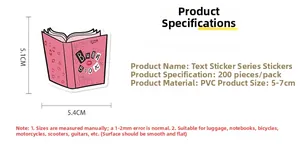 Detail view of Burn Book sticker dimensions 5.1x5.4cm and PVC material specifications