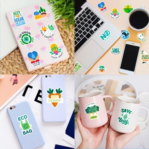 Eco-friendly stickers shown on laptop and water bottle in a four-grid lifestyle view