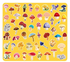Vue détaillée d'autocollants champignons colorés assortis pour papeterie et décoration