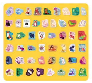 Detail showing 54 cartoon animal stickers with motivational quotes on yellow backdrop