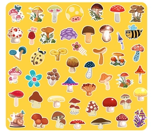 Gros plan d'autocollants champignons variés aux dessins mignons sur fond jaune