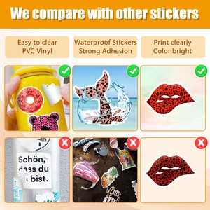 Dettaglio di adesivi in vinile PVC impermeabili con motivi leopardati rosa e alimentari