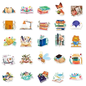Set di 50 adesivi impermeabili a tema lettura con simpatici animali e motivi scolastici DIY
