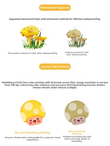 Détails techniques de l'impression 300dpi et du revêtement étanche des stickers champignons