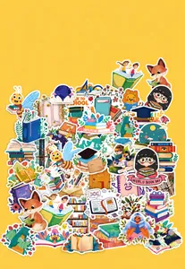Dettagli di adesivi impermeabili della serie libri con volpi e illustrazioni sulla lettura