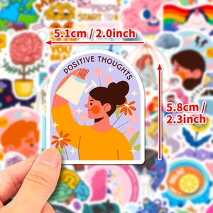 50-piece set of mental health stickers showing positive thoughts and watering flowers