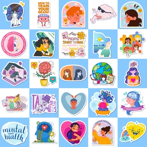 50pcs Mental Health education stickers set with colorful brain and healing illustrations