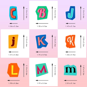 Detailed view of colorful alphabet stickers in pop art style with dimension markings