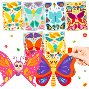 Macro detail of children DIY butterfly sticker set with colorful wings and face parts
