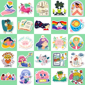 50pcs mental health stickers set for laptops and luggage with self-care illustrations