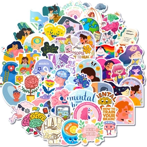 Variety of mental health stickers with brain and meditation designs on white background