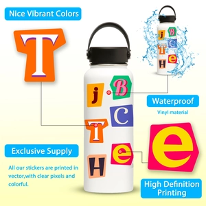 Macro detail of waterproof vinyl alphabet stickers showing vibrant colors on a water bottle