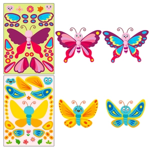 Detail showing colorful butterfly DIY sticker templates and finished assembly result