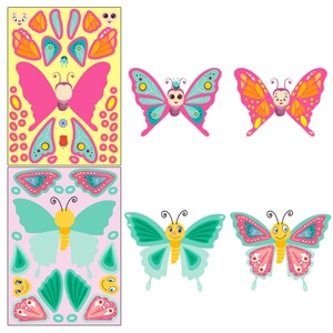 Detail showing colorful DIY butterfly puzzle stickers with wings and cartoon faces