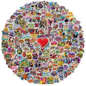 Close-up of vibrant street style stickers for laptops and skateboards with hip hop themes
