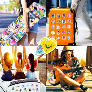 Macro view of mental health stickers showing various designs on a guitar and suitcase