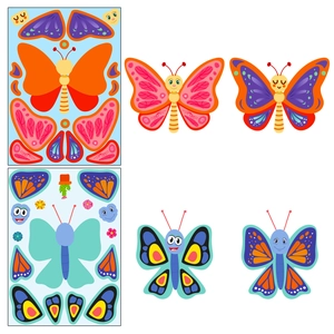 Close-up of DIY butterfly sticker sheets with colorful wings and decorative elements