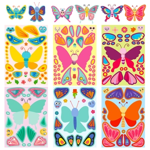 Detailed set of six colorful butterfly DIY make-a-face puzzle stickers for children