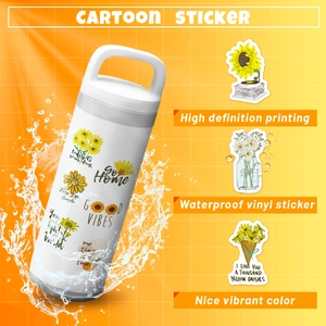 Waterproof vinyl sunflower stickers shown on a white water bottle with vivid details