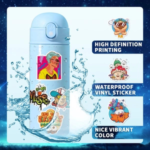 Waterproof vinyl graffiti stickers showing application on a blue water bottle
