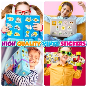 Detailed view of high quality waterproof yellow sunflower vinyl stickers on a laptop