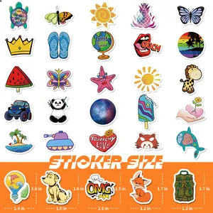 Guide des tailles pour 100 stickers vinyles étanches montrant diverses dimensions