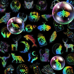 Holographic Laser Stickers Mystical Magic World Animal Moon Symbols Waterproof PET Decorative Decals For Scrapbooking Journaling DIY