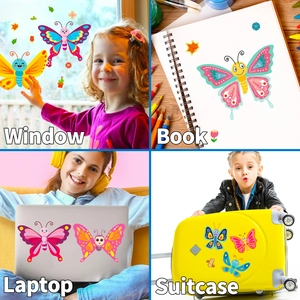 DIY butterfly stickers shown on glass window, notebook, laptop and suitcase surfaces