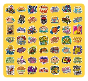 Detailed grid of 50 cool graffiti stickers for laptops with colorful street art designs