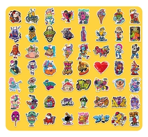 Detailed view of 56 unique cool graffiti stickers with street art designs on yellow background