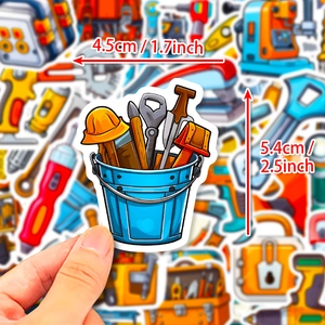 Pack of 50 cartoon hardware tool stickers featuring electric drills and wrenches for kids
