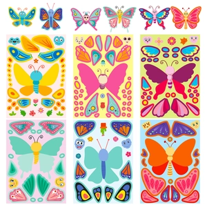 Set of 6 butterfly DIY sticker sheets for children featuring colorful creative designs