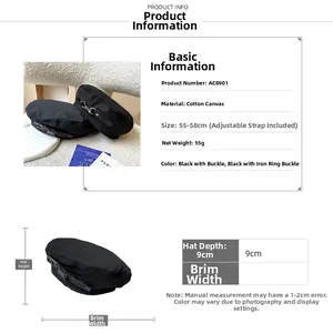 Detail view of cotton black beret with strap buckle and 55-58cm adjustable sizing info