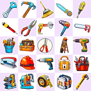 Collection of 25 colorful cartoon tool stickers including drills, hammers, and wrenches